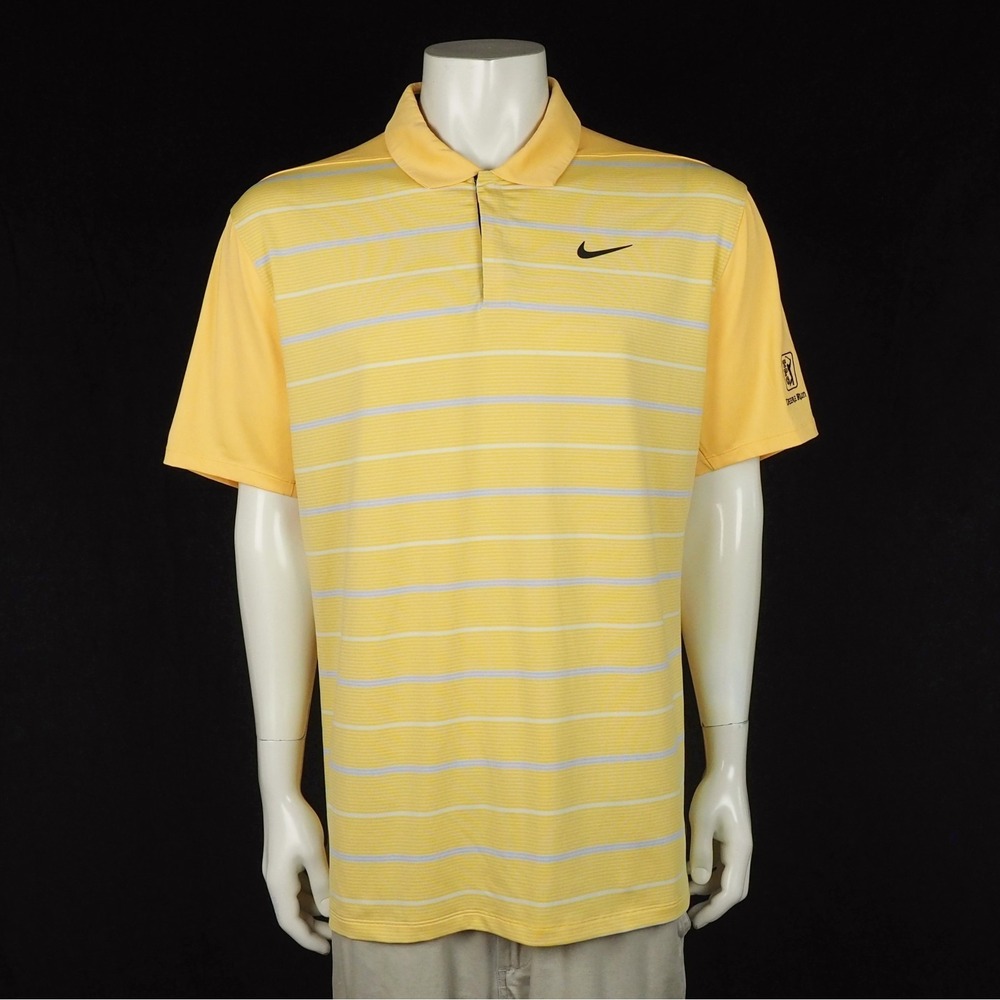 Tiger Woods TW Nike Golf Polo Shirt Mens XL Yellow Striped Dri-Fit TPC Deere Run